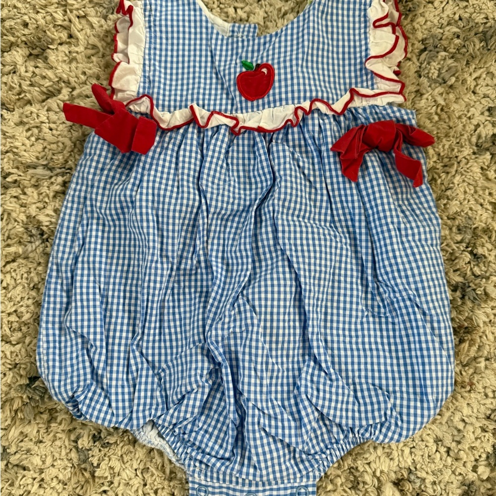 Blue Gingham Baby Romper with Red Apple Detail